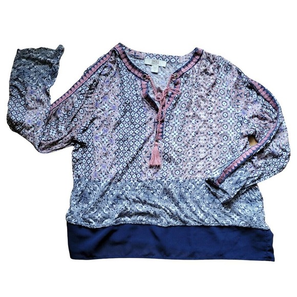Vintage Havana Navy Blue And Pink Bohemian Printed Blouse Size Medium Tie Neck - Picture 1 of 8
